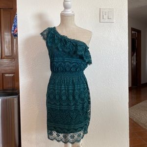 Chelsea & Violet teal colored lace dress, one shoulder, size small